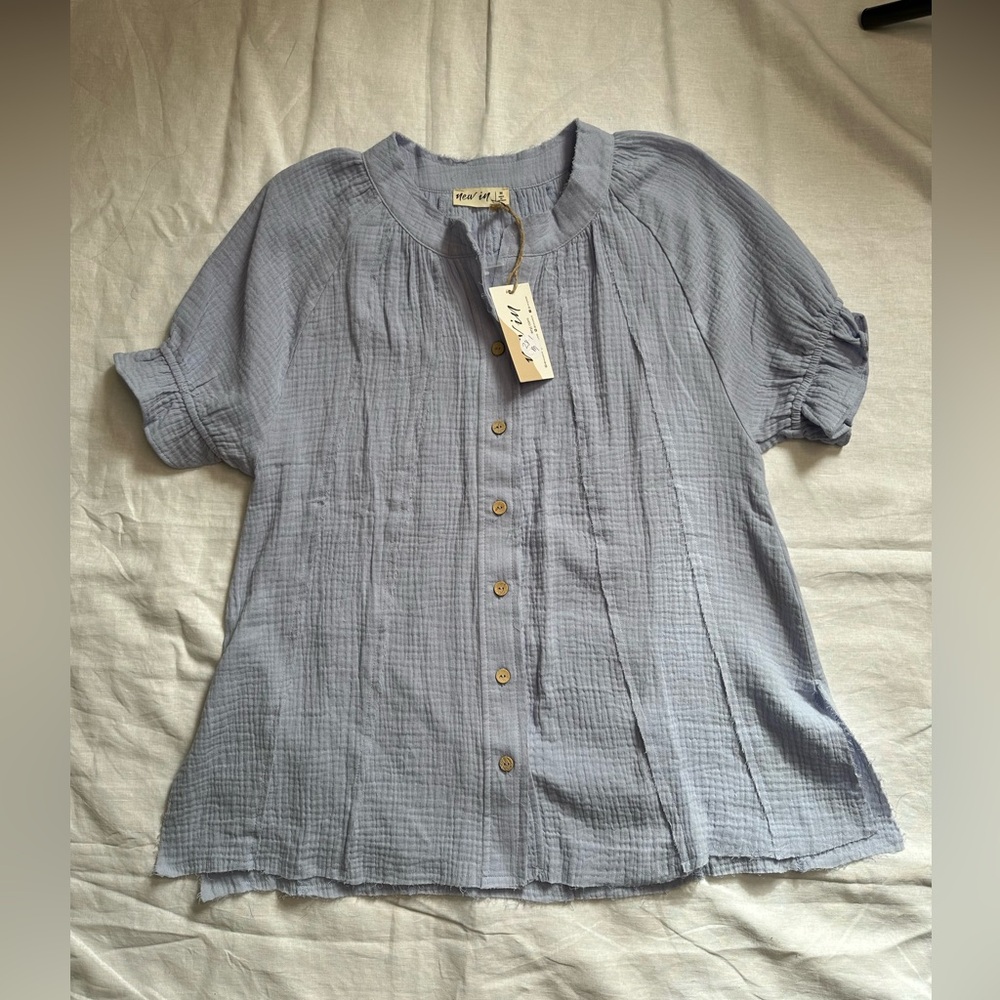 New In Baby Blue Pleated Short Sleeve Blouse